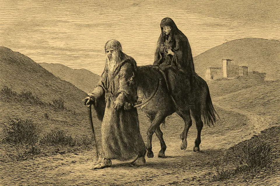 Engraving-style scene of an old hermit leading a horse on foot along a desert road with a young woman riding, her head bowed