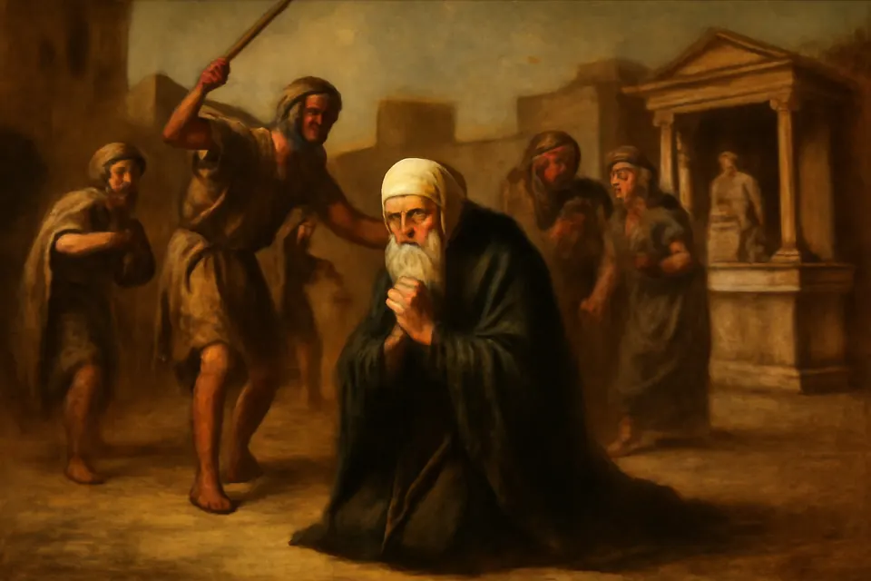 Oil-painting-style scene of an old hermit priest praying with tears in a village square while townspeople mock him beside a pagan shrine