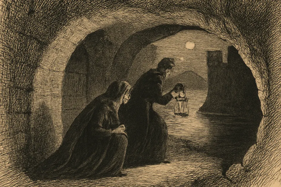 Engraving-style scene of a young queen escaping at night through a dark passage from a lakeside castle, led by a priest with a lantern