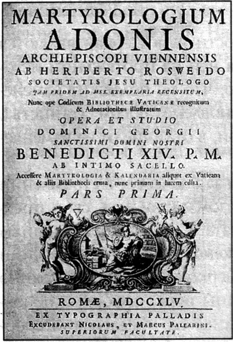 Printed title page in Latin reading Martyrologium Adonis Archiepiscopi Viennensis, with an engraved emblem and the date Romae MDCCXLV