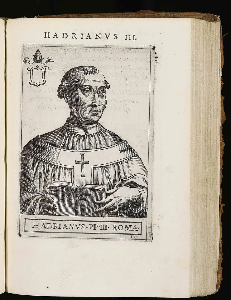 Old book page with an engraved portrait of a tonsured pope in vestments with a cross on his chest, holding a book, labeled HADRIANUS PP. III. ROMA