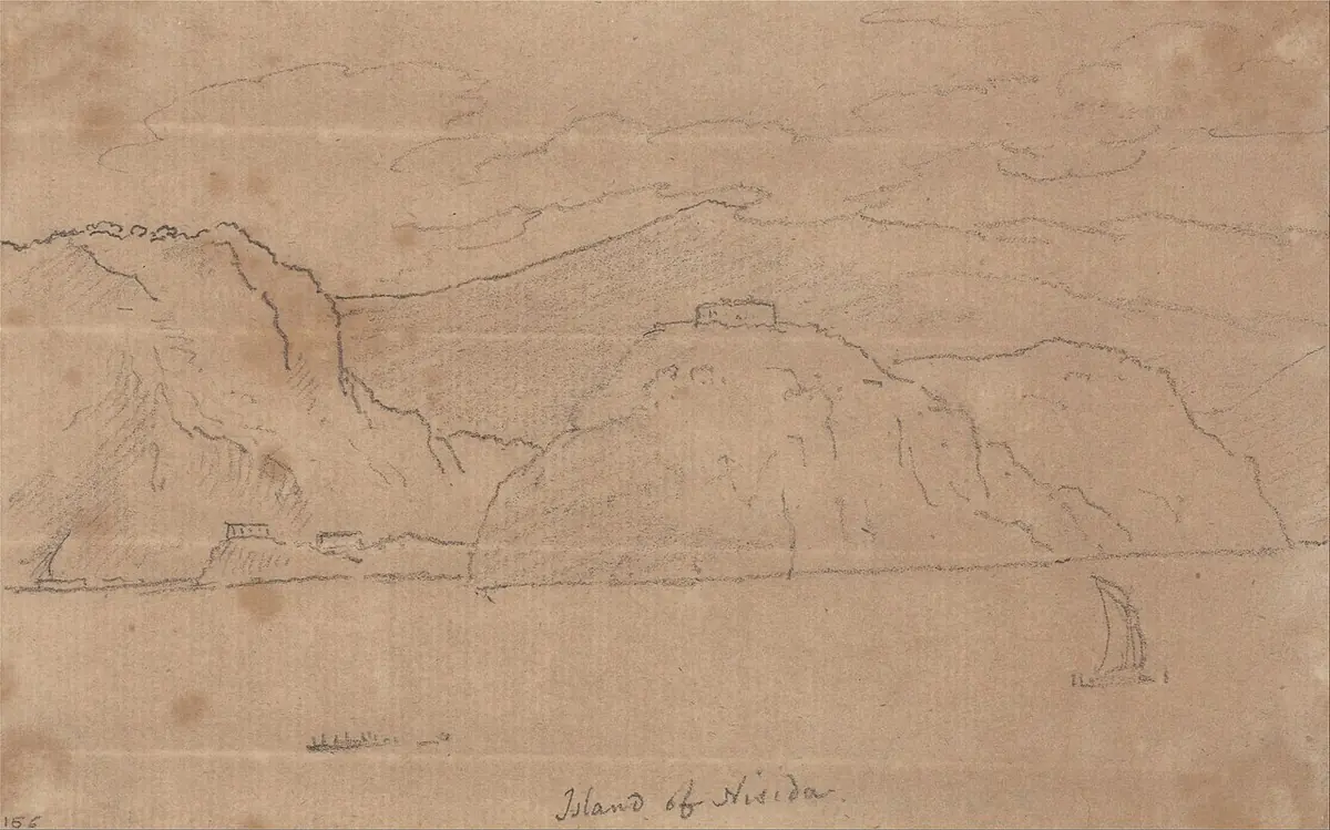 Faint pencil sketch of the steep, rounded island of Nisida rising from the sea in the Bay of Naples, with a small sailboat at right