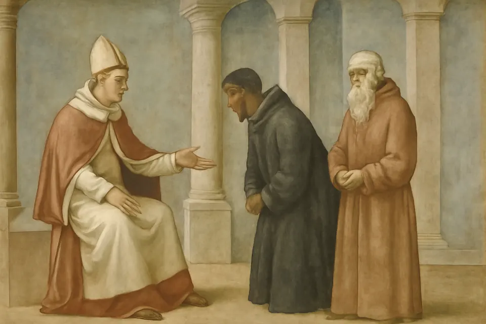 Illustration of the abbot Adrian kneeling before Pope Vitalian in Rome and presenting the older monk Theodore beside him