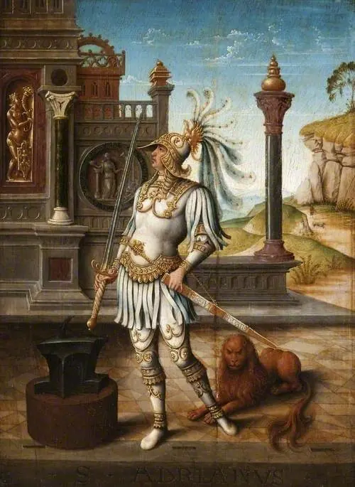 Flemish painting of St. Adrian in fanciful plumed armor before Renaissance buildings, holding a sword, with an anvil on a block beside him and a lion at his feet