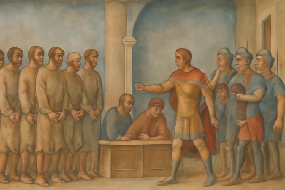 Fresco-style scene of a Roman officer stepping forward in a courtroom to tell the scribes to write his name among the Christian prisoners