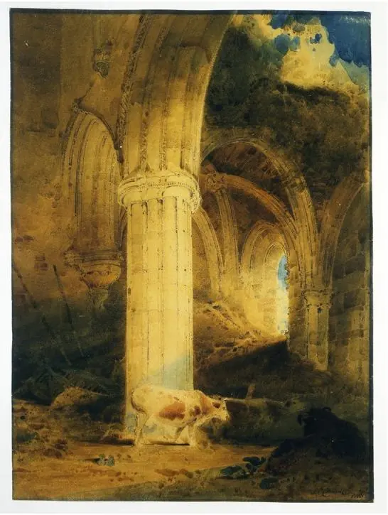 Watercolor of the dim golden interior of a ruined abbey, with a massive round column and broken arches and a cow resting in the shadows
