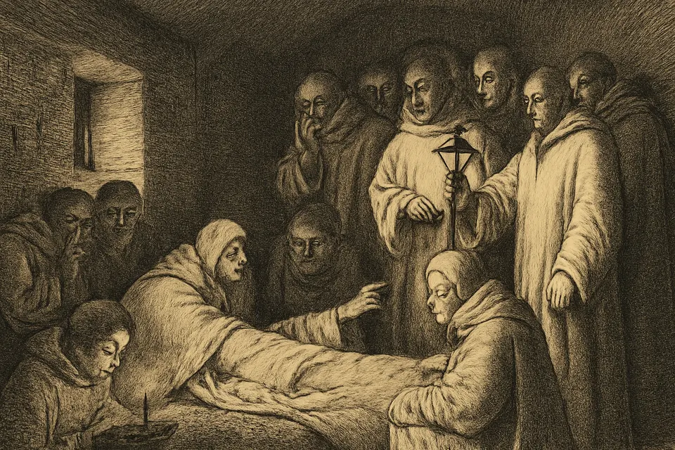 Engraving-style scene of a dying abbot lying on a mat on the floor of a small room, surrounded by kneeling monks, his eyes on a crucifix