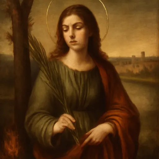 Oil-painting-style portrait of St. Afra as a young woman with long loose hair in a green gown and red cloak, holding a martyr's palm beside a tree trunk with small flames at its foot