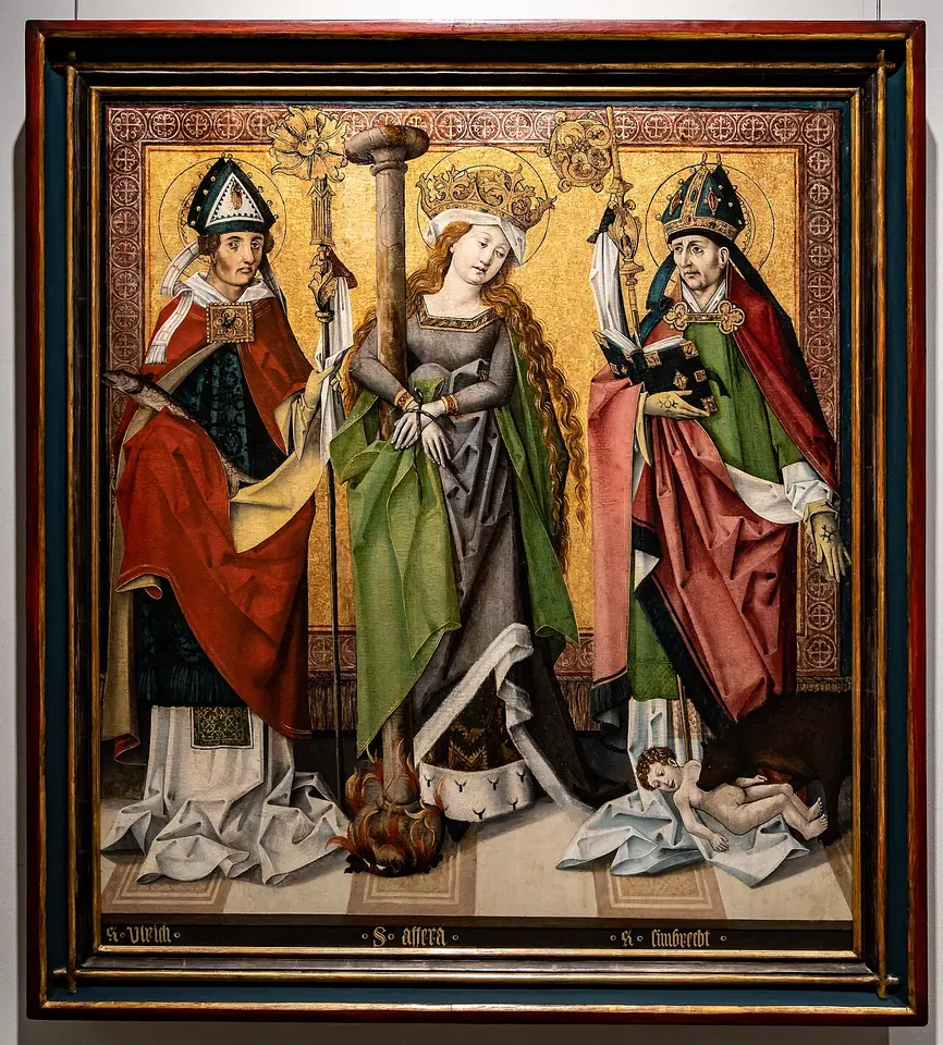 Late Gothic painting on a gold patterned ground of a crowned young woman in green holding a stake and a palm, between two bishops in miters