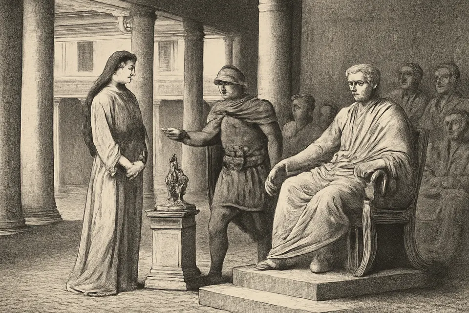 Engraving-style scene of a young woman standing calmly before a Roman judge seated on a raised chair, refusing to offer incense at a small pagan altar