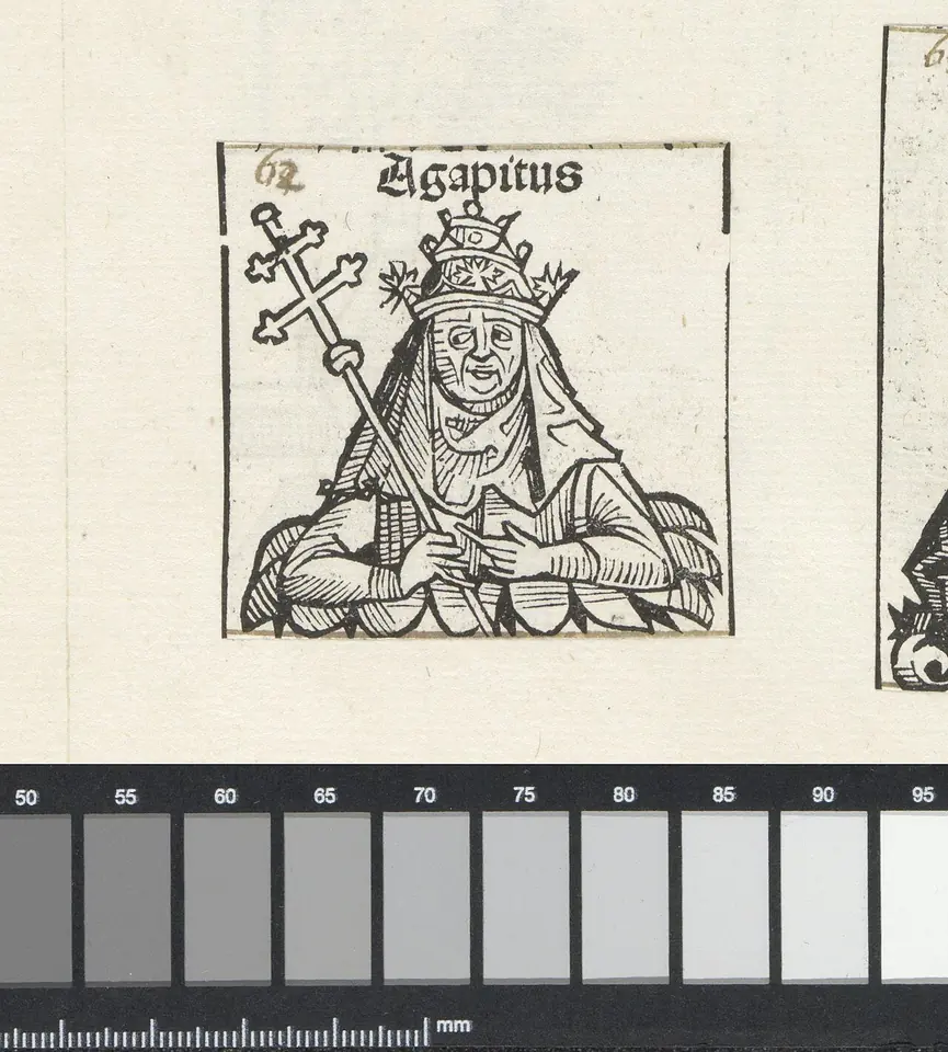 Woodcut of a pope in a tall tiara holding a staff topped with a double-barred cross, rising from a flower-like frame, labeled Agapitus