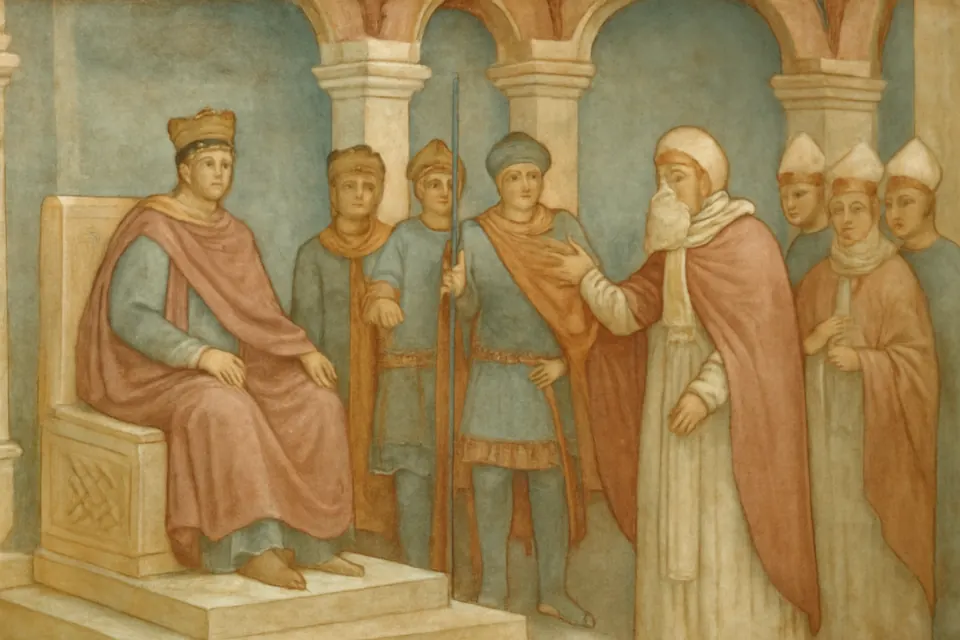 Fresco-style scene of an aged pope standing calmly before an emperor seated on a throne in a marble hall