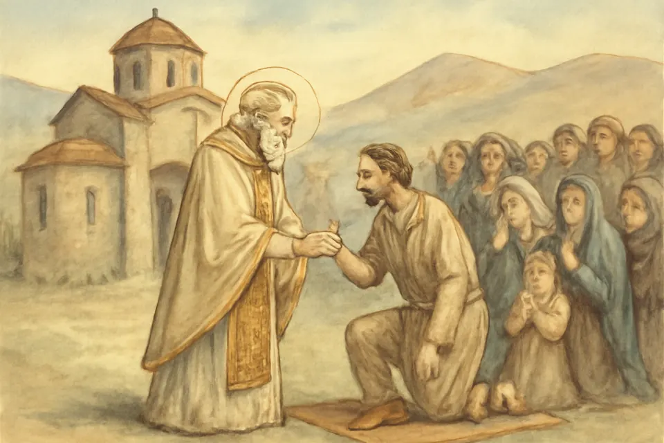 Watercolor-style scene of an aged pope taking a lame man by the hand outside a small church while the crowd weeps