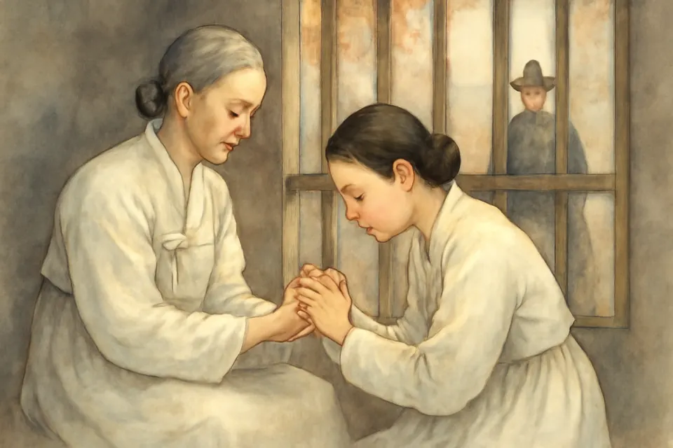 Watercolor-style scene of a young Korean woman kneeling and praying with her older mother inside a barred prison cell