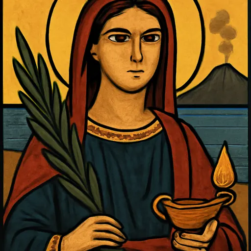 Oil-painting-style portrait of St. Agatha as a young Sicilian noblewoman in a red veil, holding a palm branch, with Mount Etna smoking in the distance behind her