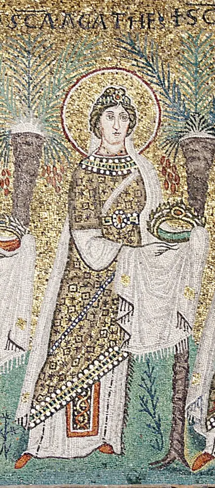 Mosaic of a richly dressed young woman with a halo and a white veil, carrying a crown in veiled hands between palm trees on a gold ground