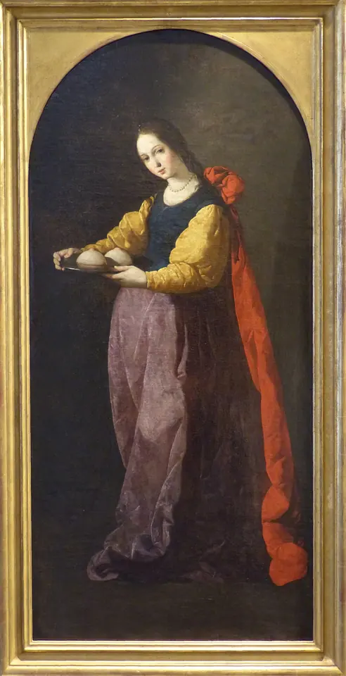 Full-length painting of a young woman in a yellow blouse, blue bodice, lilac skirt and long red cloak, holding a small dish before her