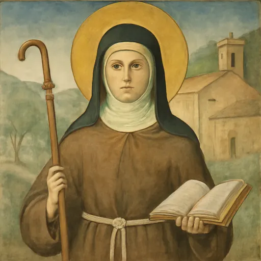 Oil-painting-style portrait of St. Agnes of Assisi as a young Poor Clare abbess in a brown habit and black veil, holding a crozier and an open book
