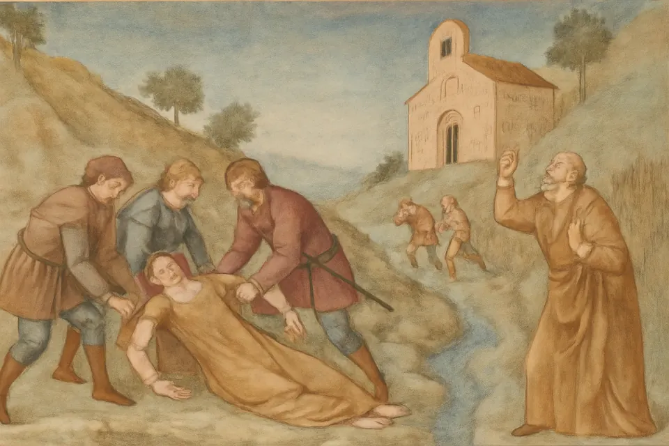 Fresco-style scene of armed men straining in vain to lift a young woman lying on the ground by a small stream on a hillside