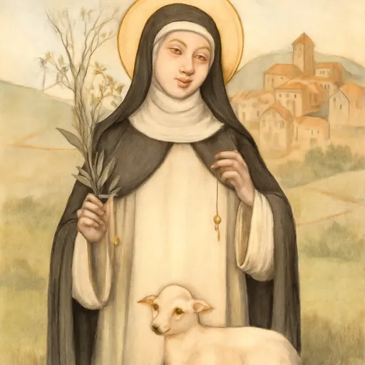 Oil-painting-style portrait of St. Agnes of Montepulciano as a young Dominican abbess in a white habit and black veil, holding lilies and a tiny cross on a thread, with a lamb at her feet