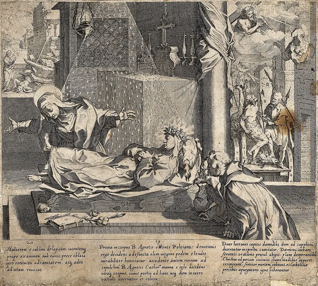 Old engraving of a nun's body lying on a bier before an altar as a kneeling Dominican woman bends to kiss its raised foot, with smaller scenes of a martyrdom and a miracle behind and Latin verses below