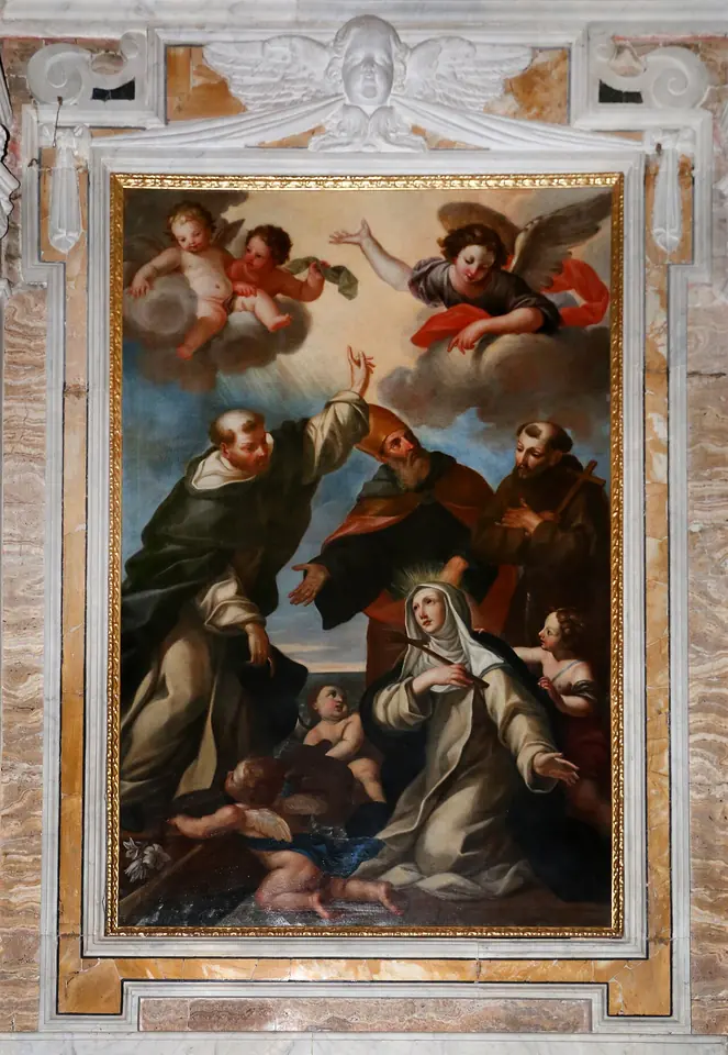Baroque altarpiece of a Dominican nun kneeling on clouds with cherubs, gazing up at angels in the sky, while a Dominican friar and two other saints stand behind her