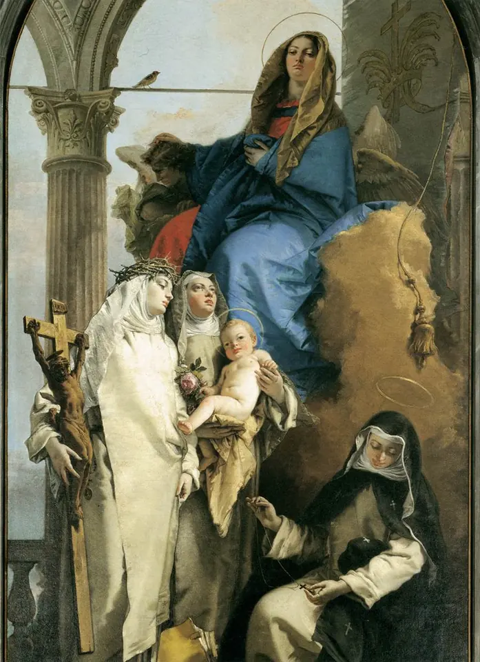Detail of a Baroque altarpiece showing the Virgin Mary in blue seated on clouds above three Dominican women in white habits, one holding the Christ Child and another a crucifix, beside a marble column