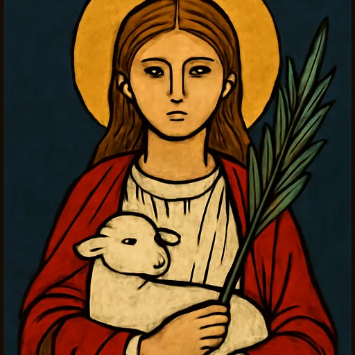 Oil-painting-style portrait of St. Agnes as a young girl in a white tunic and red mantle, holding a white lamb and a palm branch