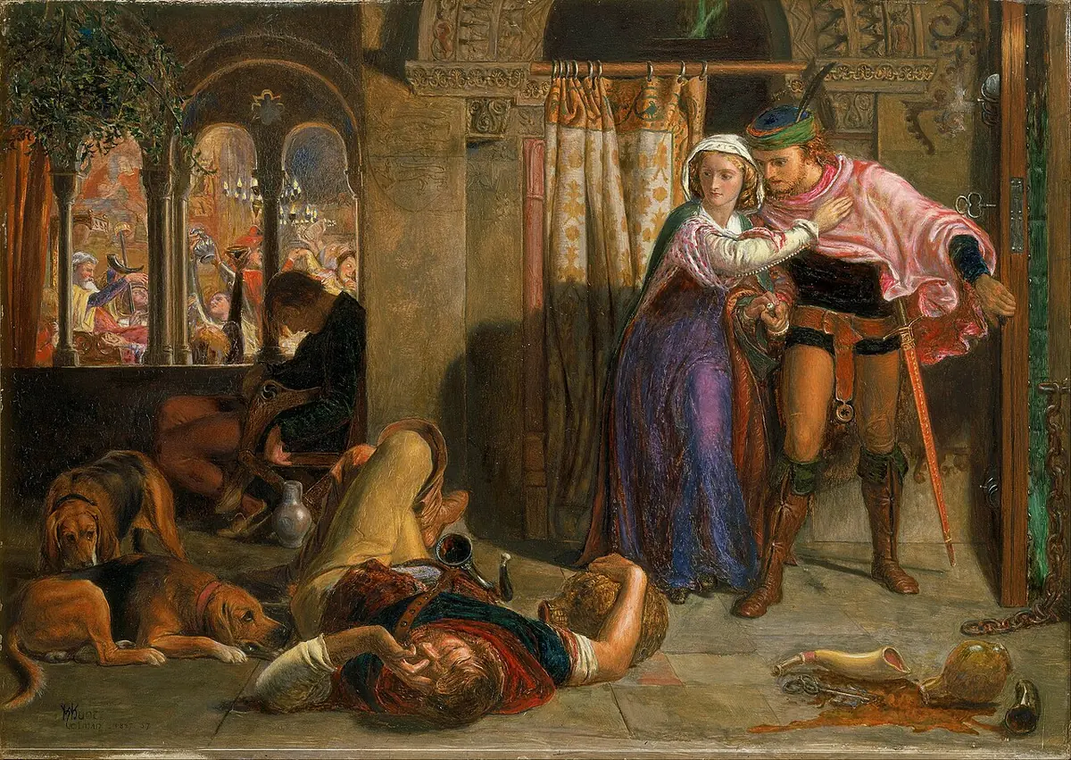 Pre-Raphaelite painting of a young couple in medieval dress slipping out of a castle hall past sleeping, drunken revelers and a dog