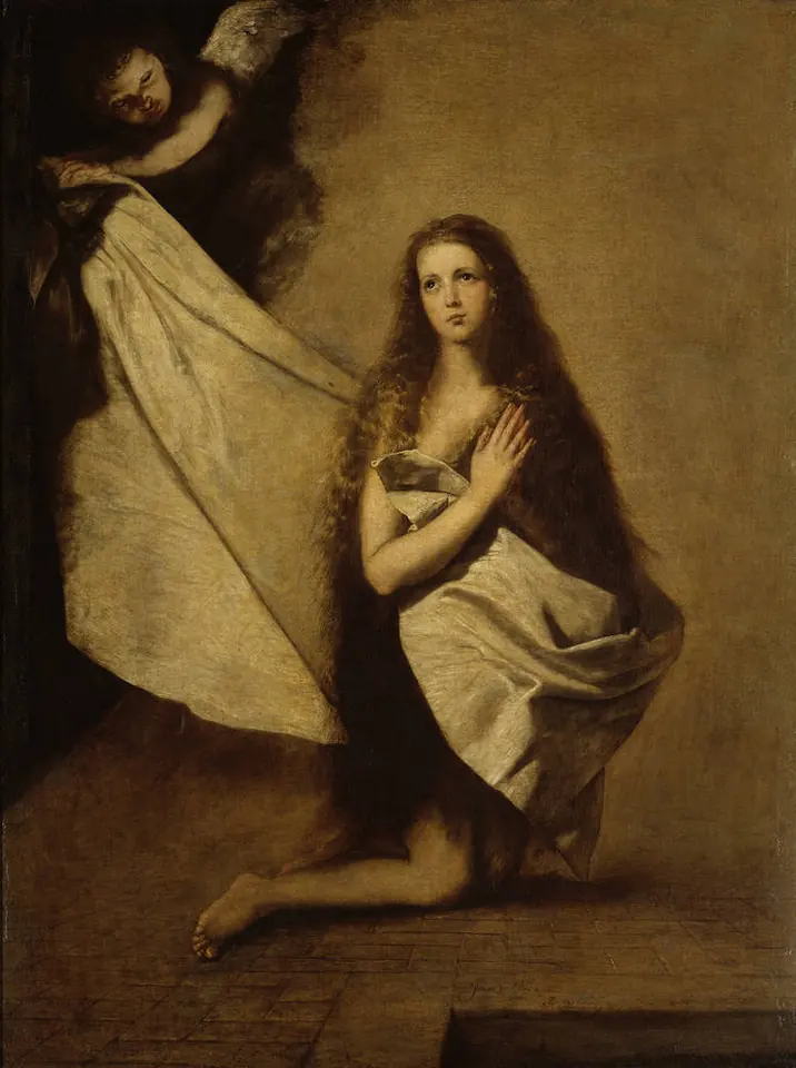 Painting of a kneeling girl with very long brown hair falling over her shoulders, her hands on her breast, as an angel above lowers a white cloth around her