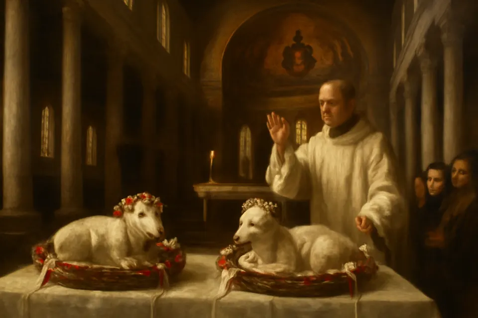 Illustration of two white lambs crowned with flowers, carried in wicker baskets into a Roman basilica on the feast of St. Agnes