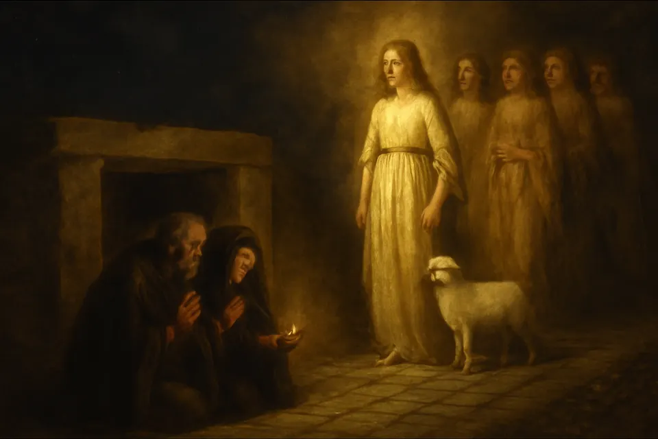 Illustration of Agnes's parents keeping watch at night by her tomb and seeing her among a company of virgins, with a white lamb at her side
