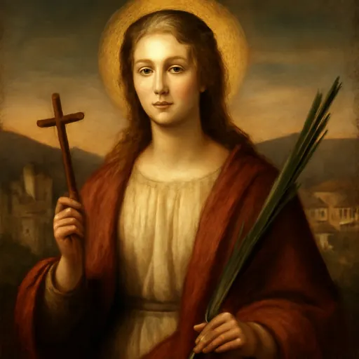 Oil-painting-style portrait of St. Agrippina as a young Roman woman with long golden hair and a red mantle, holding a martyr's palm and a small cross