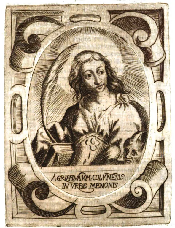 Seventeenth-century engraving of St. Agrippina with long flowing hair in an oval frame, a Latin inscription naming her as honored in the city of Mineo below