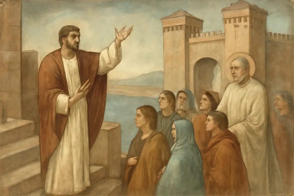 Fresco-style scene of a priest in a white tunic preaching to a small crowd of townspeople near the walls of a Roman city on the Rhine