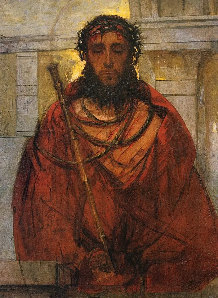 Painting of Christ crowned with thorns, his head bowed, wrapped in a heavy red cloak and holding a reed, standing before a pale stone wall