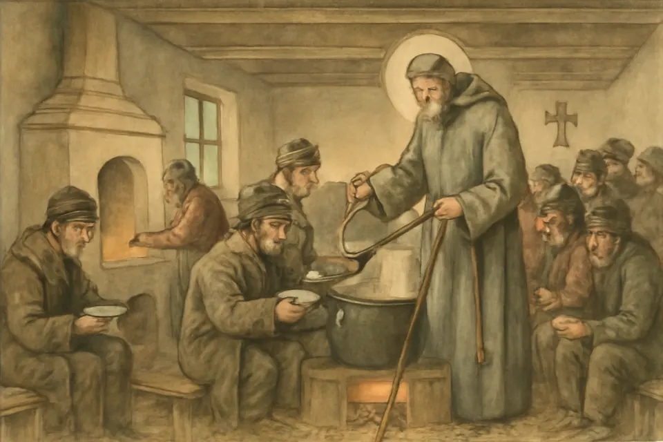 Watercolor-style scene of a bearded brother in a gray habit ladling soup for a line of poor men in a crowded shelter on a winter night