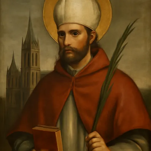Oil-painting-style portrait of St. Albert of Louvain, a young bishop with a short beard in red cardinal's robes, holding a martyr's palm and a book