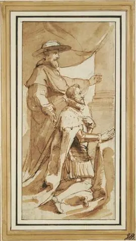 Brown ink and wash drawing of a kneeling nobleman in armor and a ruff, with a cardinal in a broad hat standing behind him and pointing upward