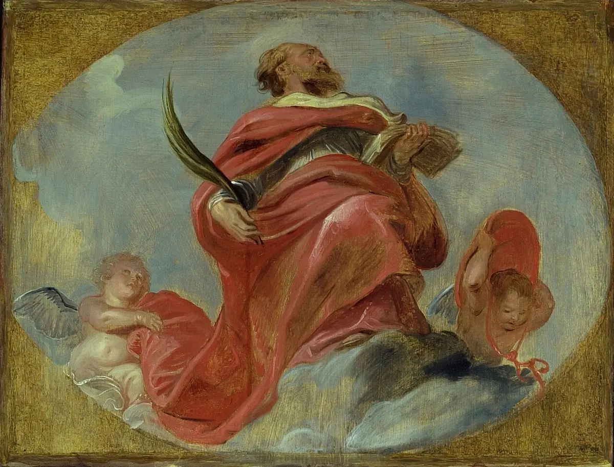 Oil sketch of a bearded saint in flowing red robes seated on clouds, holding a palm branch and a book, with two small angels below him