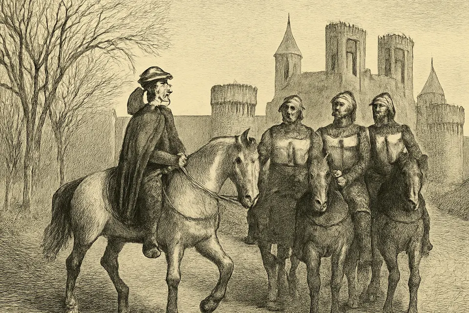 Engraving-style scene of a young bishop riding out from a walled city with three knights on horseback on a cold autumn road