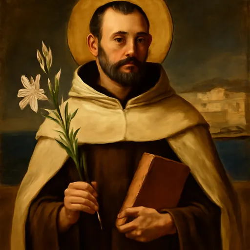 Oil-painting-style portrait of St. Albert of Trapani as a Carmelite friar in a brown habit and white mantle, holding a lily and a book