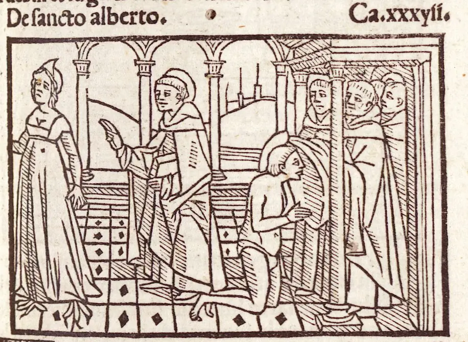 Fifteenth-century woodcut of a friar standing in a church raising his hand in blessing over people kneeling before him, with a woman standing at the left, captioned De sancto alberto