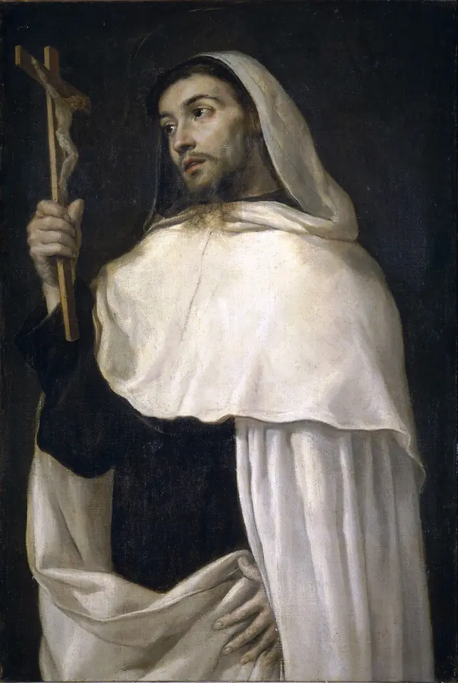 Baroque painting of a bearded Carmelite friar in a white hooded mantle over a dark habit, holding up a small crucifix and looking to the side