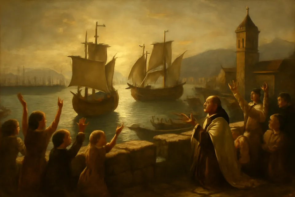 Oil-painting-style scene of three ships loaded with grain sailing into the harbor of a besieged Sicilian city while townspeople and a Carmelite friar watch from the walls