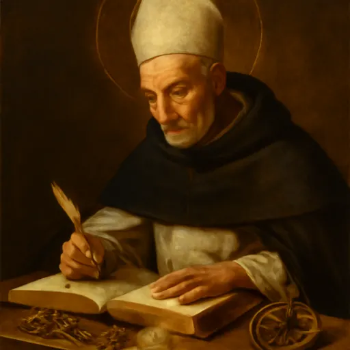 Oil-painting-style portrait of St. Albert the Great as an elderly Dominican bishop in a white habit and black cloak, writing in a large book