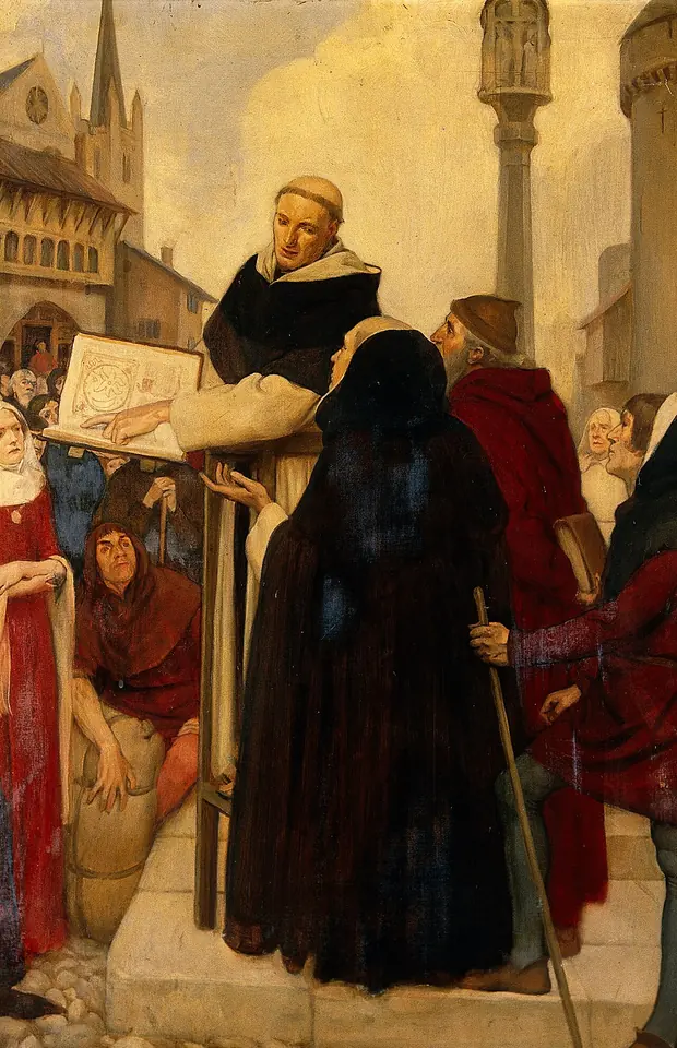 Painting of a Dominican friar standing in a Paris street, explaining a large open book with diagrams to a crowd of students, women and townspeople
