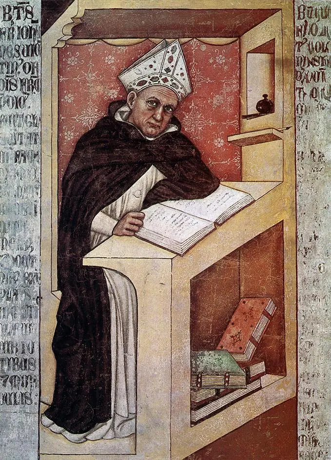 Fresco of Albert the Great as an old Dominican in a white miter, seated in a wooden study booth and writing in a large book, with more books on the shelves around him