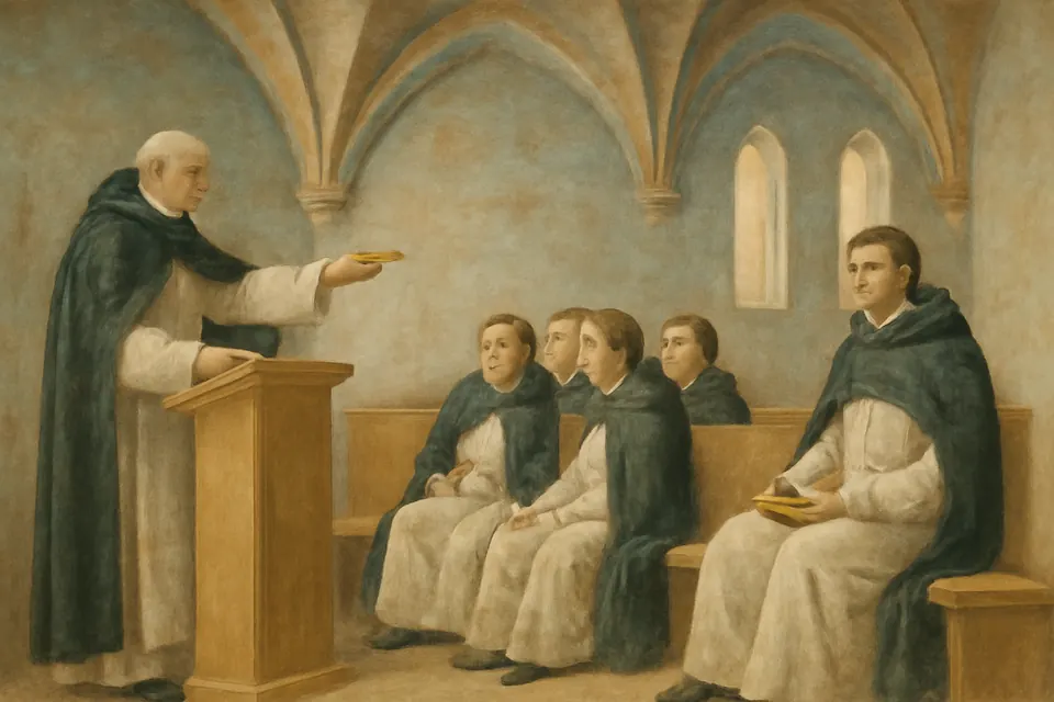 Illustration of Albert the Great in a Cologne lecture hall pointing toward a large, silent young friar as other students turn to look
