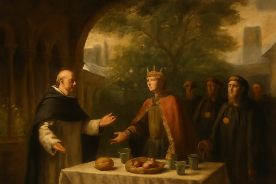 Illustration of the legend of Albert receiving King William of Holland at a banquet laid in a green, blooming garden in the middle of a Cologne winter